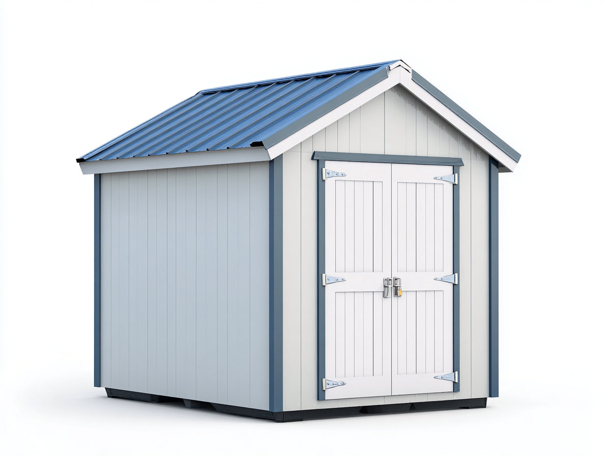 Casetas de jardín de madera con puerta doble 220x180x220 cm - blanco gris claro y azul grisáceo - techo a dos aguas