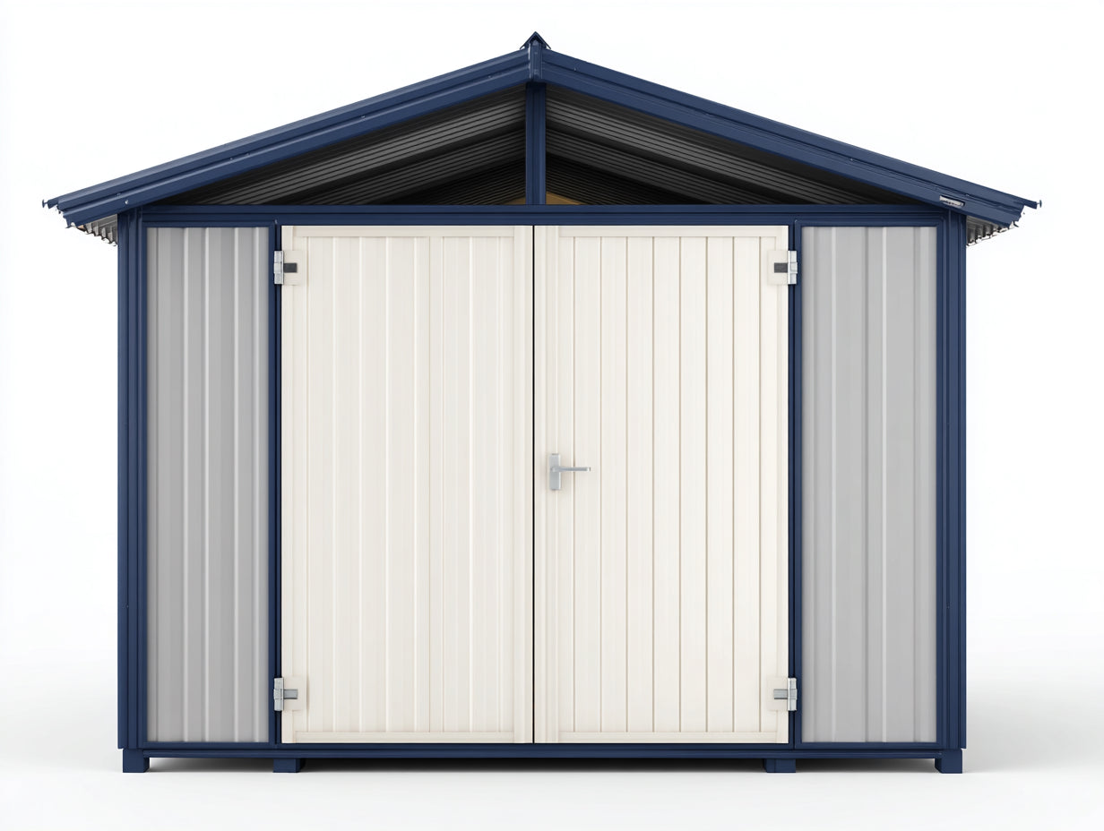 Casetas de jardín de acero galvanizado - 236 x 181 x 213 cm - Azul oscuro-Blanco-Gris - Diseño moderno con puertas dobles y tejado a dos aguas