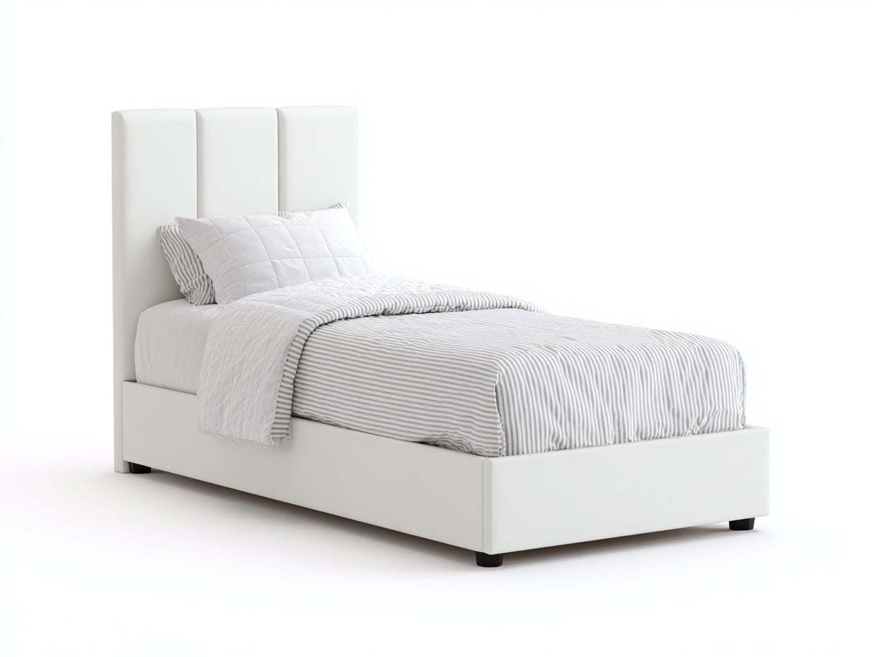 Camas individuales tapizadas en tejido 210 x 105 x 125 cm - blanco - para dormitorio - cabecero acolchado de 3 paneles y diseño moderno