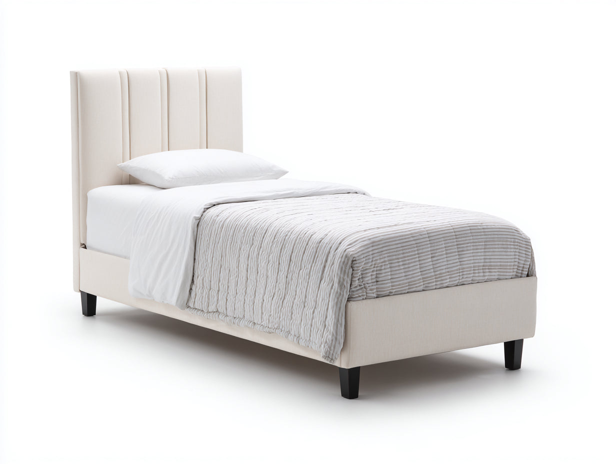 Camas individuales tapizadas en tejido 210 x 105 x 120 cm - blanco crema - para dormitorio - cabecero acolchado vertical y diseño moderno