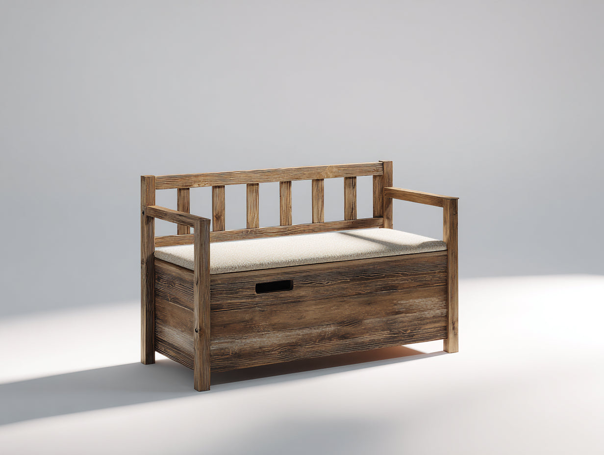 Banco de jardín Bancos de jardín de madera con arcón 130x55x85 cm - nogal oscuro y beige - respaldo de lamas con brazos