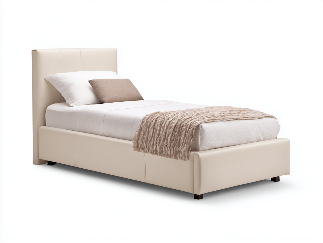 Camas individuales tapizadas en piel sintética 210 x 105 x 115 cm - beige crema - para dormitorio - cabecero acolchado y diseño moderno