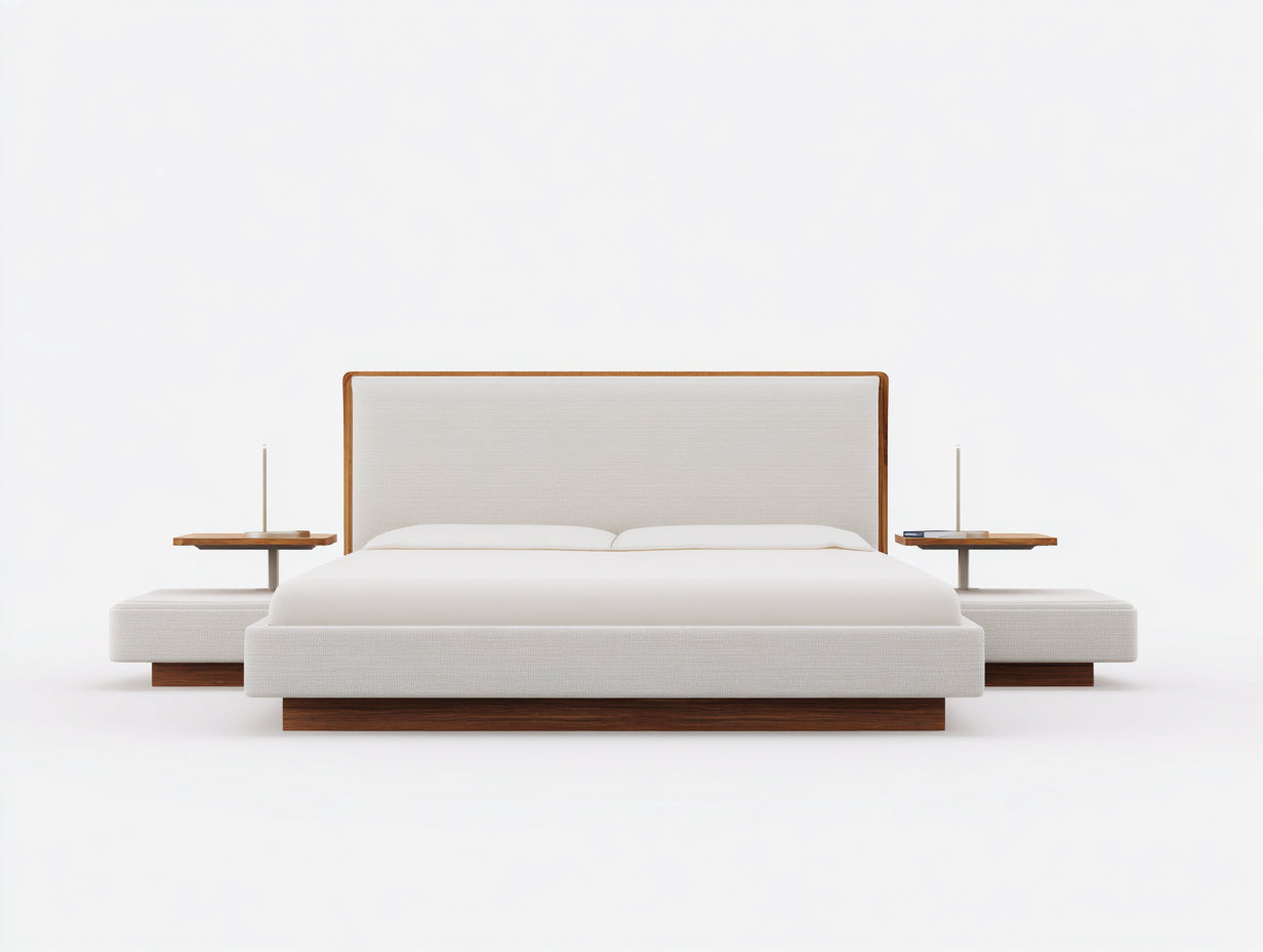 Camas dobles tapizadas en tejido y madera 220 x 320 x 125 cm - blanco crema y nogal - para dormitorio - módulos laterales integrados y diseño moderno