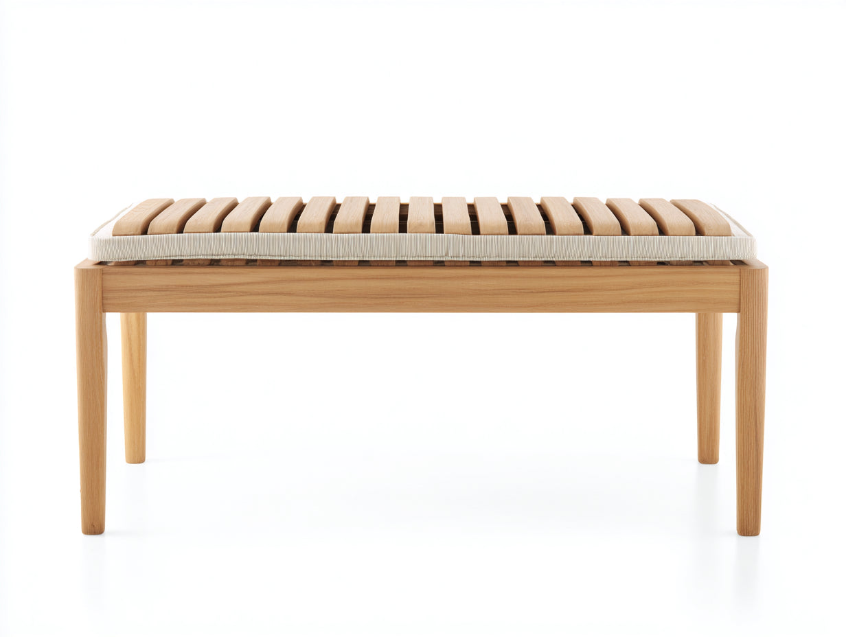 Bancos de jardín de madera maciza y tejido - 132 x 46 x 48 cm - Madera natural-Beis - Diseño minimalista con asiento de listones y cojín