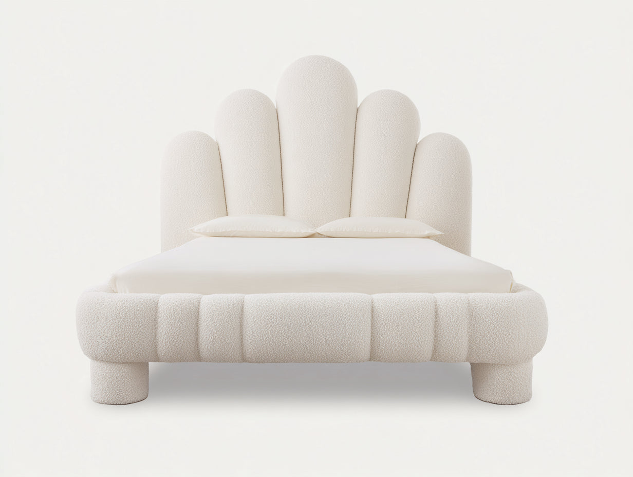 Cama doble tapizada bouclé 215x190x120 cm - Color crema - Diseño moderno elegante
