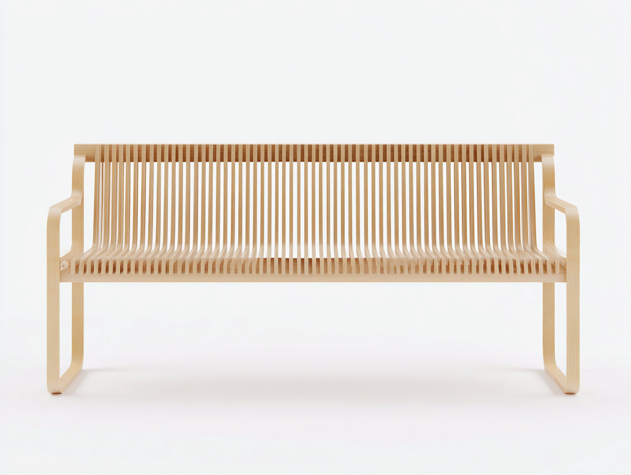 Bancos de jardín de madera laminada - 146 x 61 x 86 cm - Madera natural - Diseño contemporáneo con listones curvos