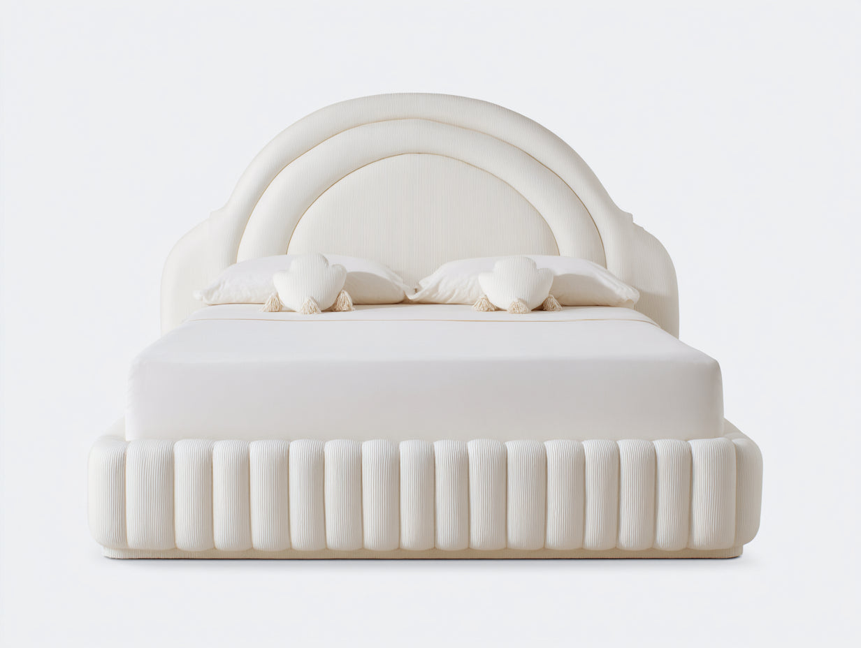 Camas dobles tapizadas en tejido acanalado 220 x 200 x 145 cm - blanco crema - para dormitorio - cabecero arqueado y diseño moderno