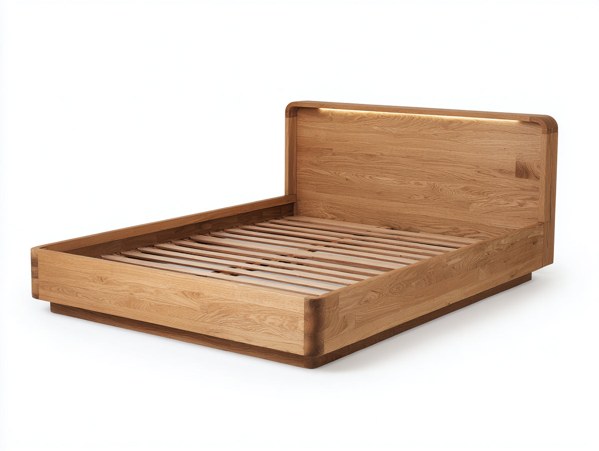 Cama doble 220x180x100 cm madera maciza color roble natural para dormitorio estilo moderno