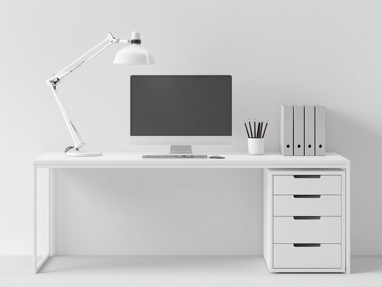Mesas de oficina con cajonera - Madera técnica y metal - 160 x 60 x 75 cm - Blanco - Diseño moderno con cuatro cajones