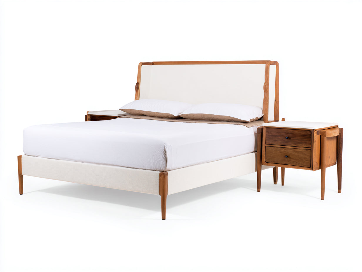 Cama doble Camas dobles de madera natural y tapizado 285x215x110 cm - madera natural y blanco crema - diseño moderno con mesitas integradas
