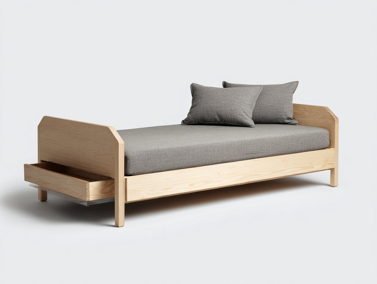 Camas individuales de madera - Madera maciza - 205 x 98 x 78 cm - Madera natural - Diseño nórdico con cajón extraíble