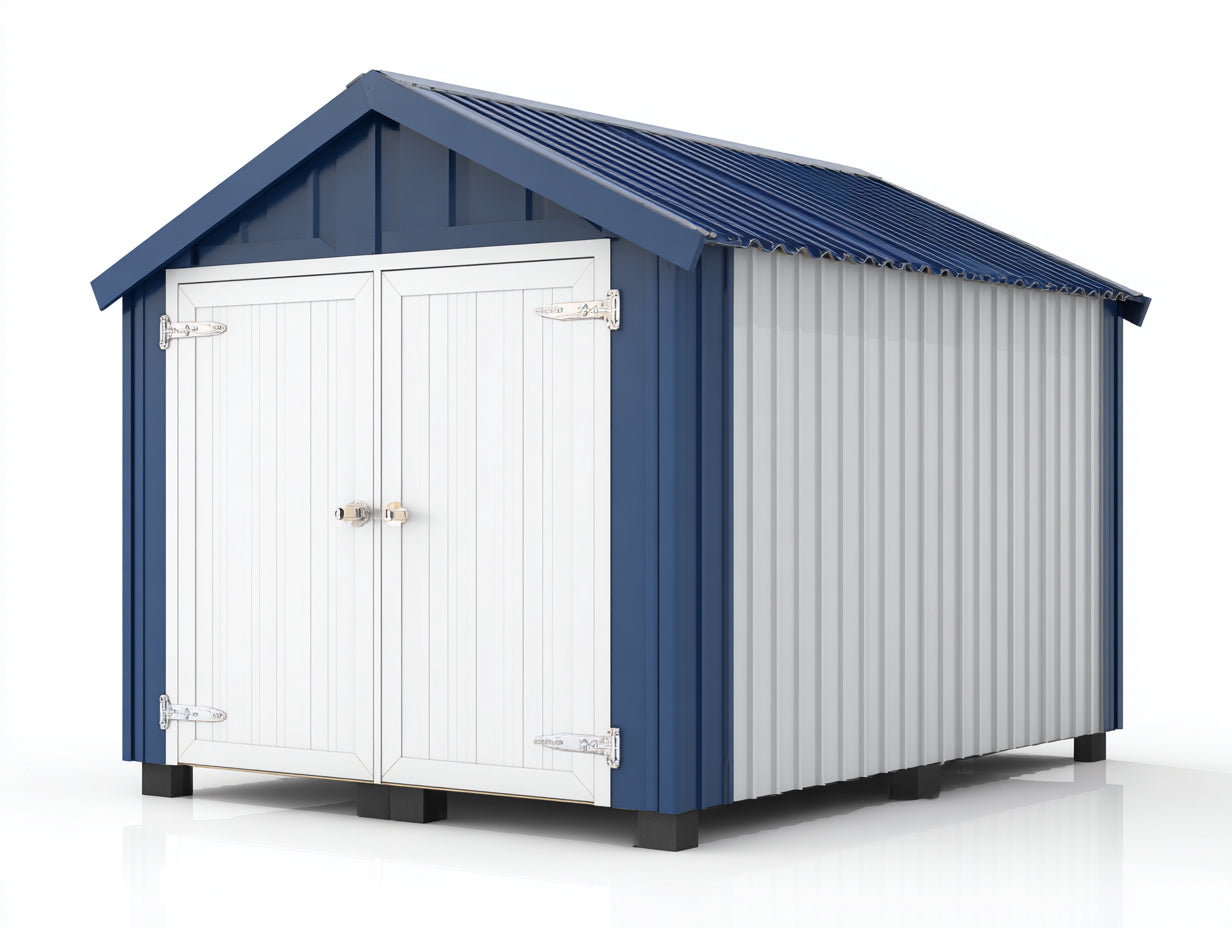 Caseta de jardín metálica 220 x 180 x 210 cm - Azul oscuro y blanco - Diseño con tejado a dos aguas y 2 puertas batientes