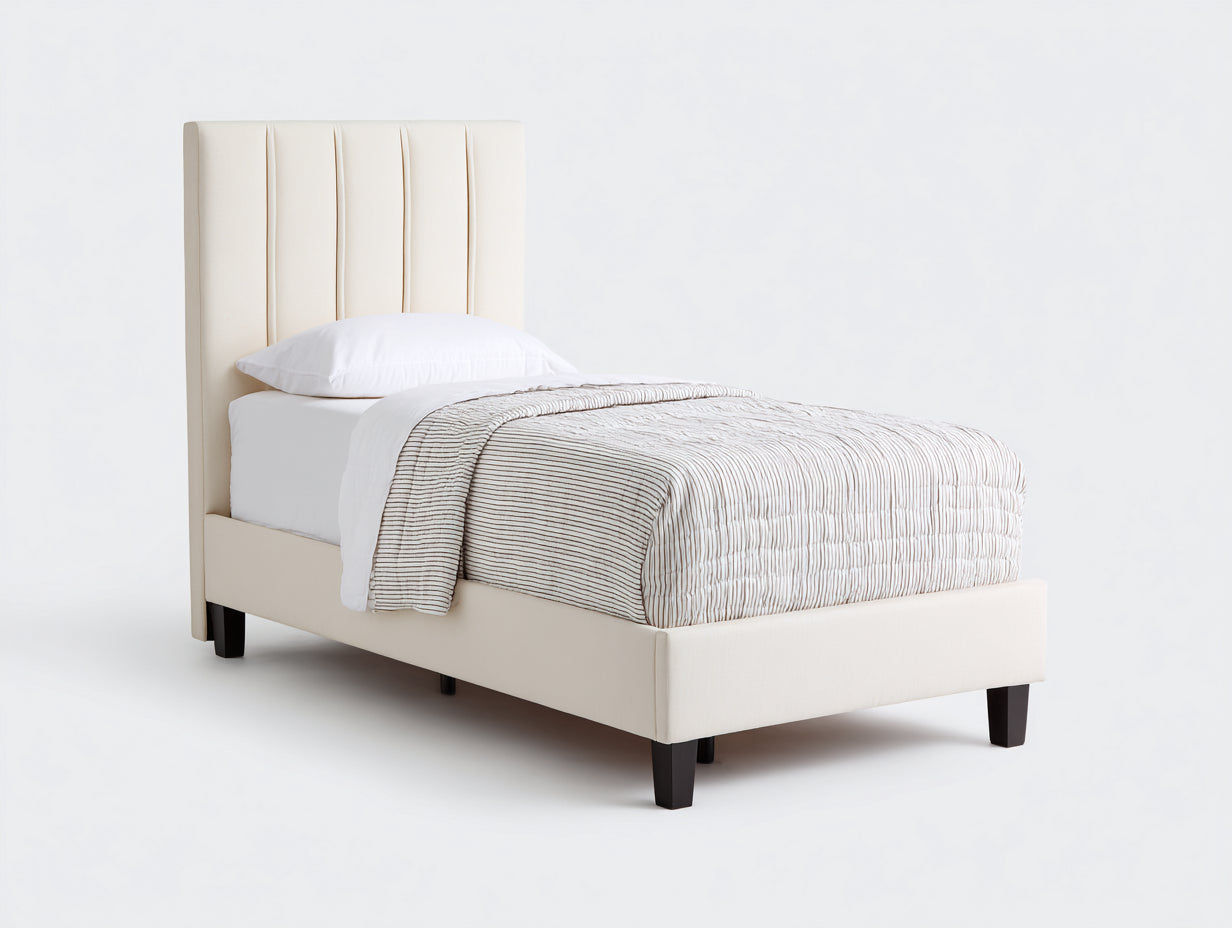 Camas individuales tapizadas - Tejido texturizado - 207 x 101 x 132 cm - Marfil - Diseño contemporáneo con cabecero acanalado