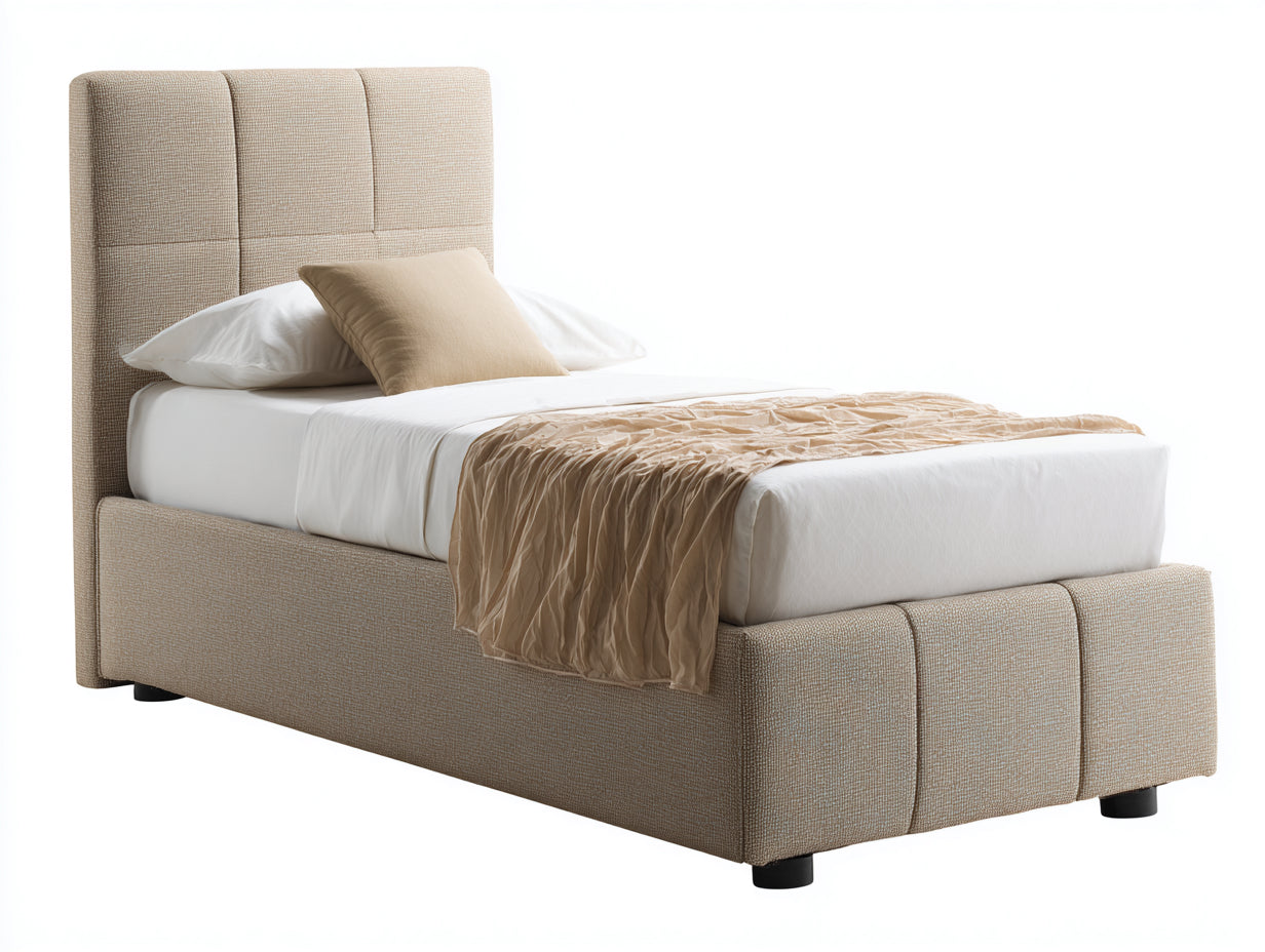 Camas individuales tapizadas - Tejido texturizado - 211 x 105 x 124 cm - Beis - Diseño contemporáneo con cabecero alto