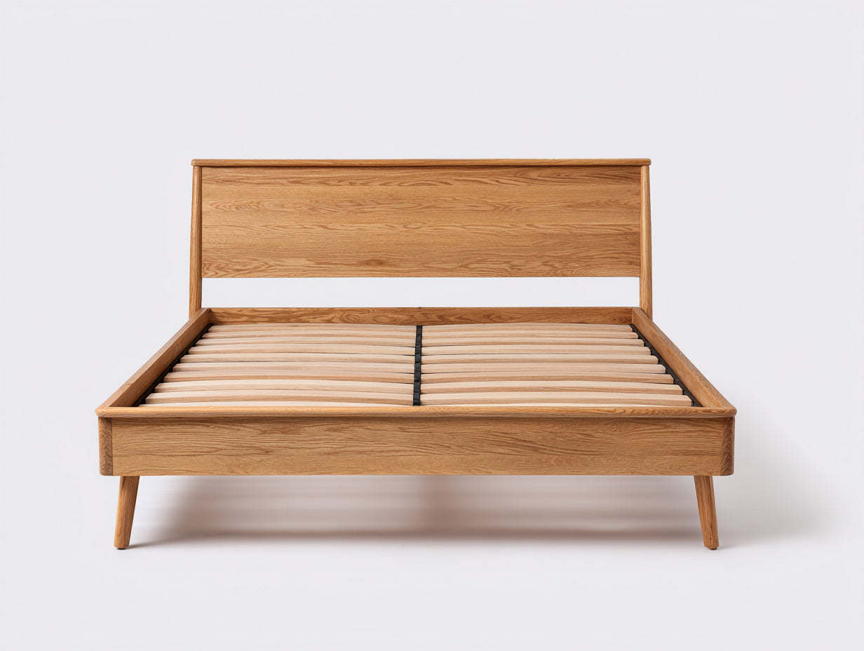 Camas dobles de madera maciza 210 x 165 x 105 cm - roble natural - para dormitorio - somier de láminas y diseño nórdico