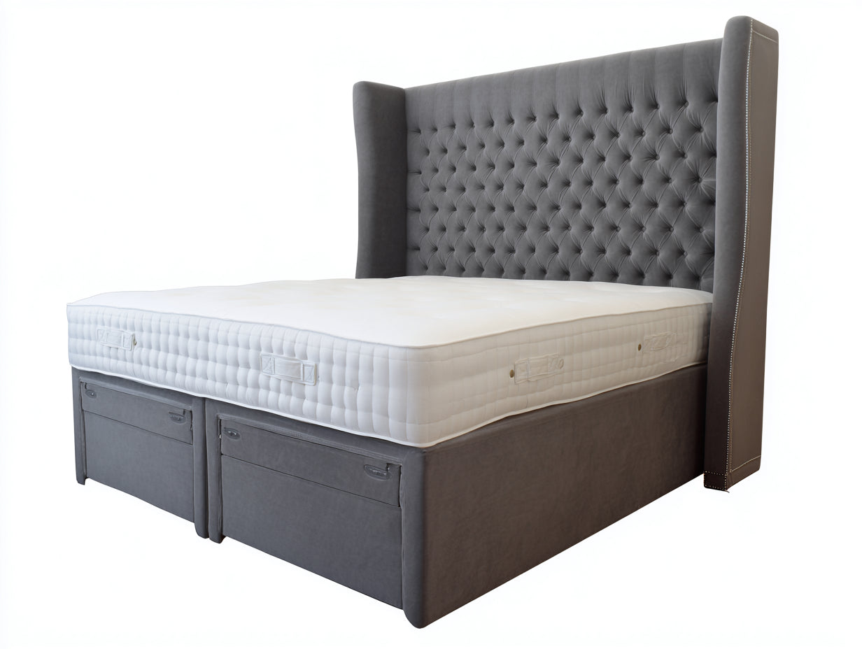 Cama doble tapizada con almacenaje 230x190x120 cm - Tela terciopelo gris - Estilo clásico elegante