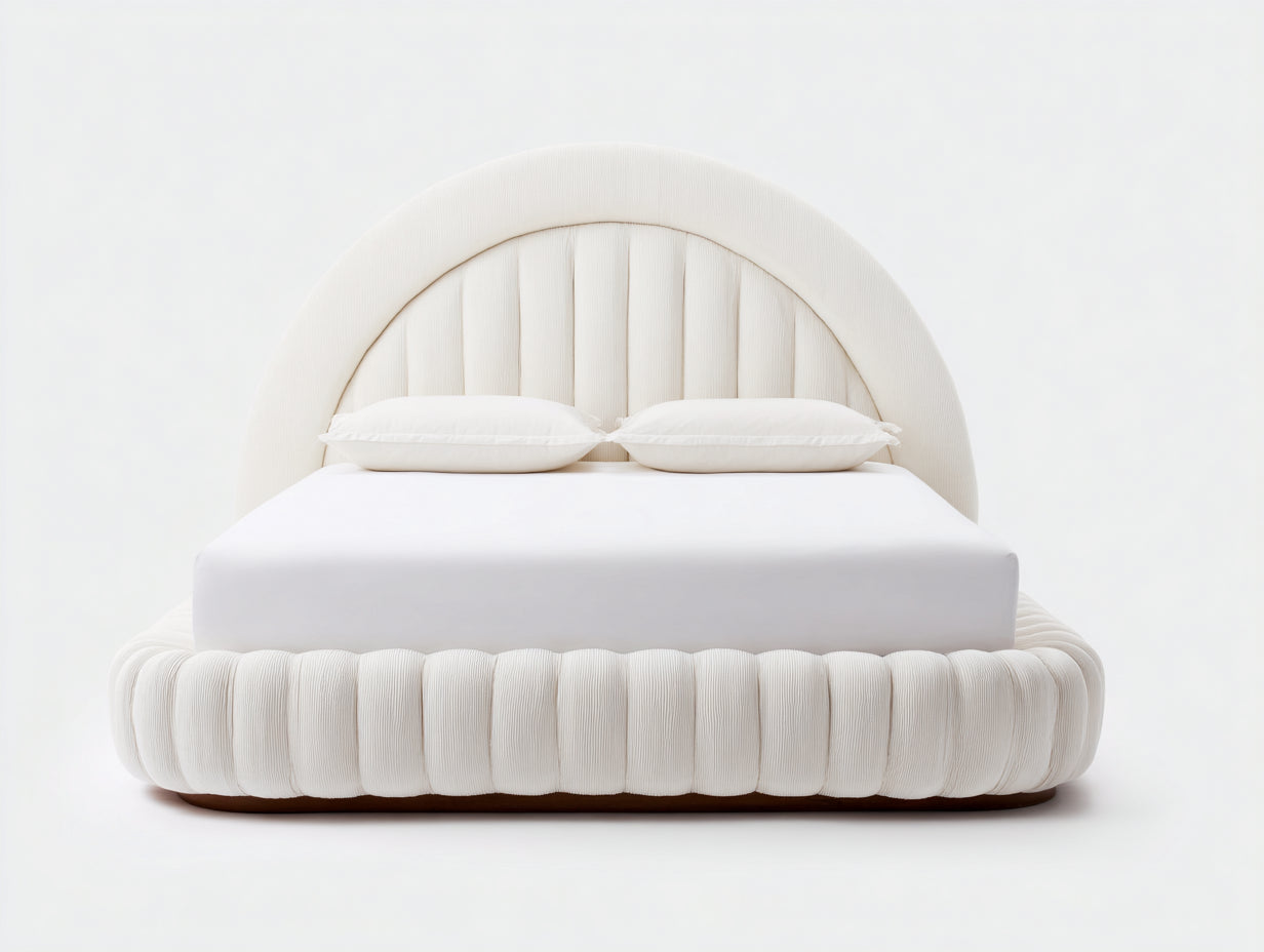 Cama doble Camas dobles tapizada en tela acanalada 220x190x120 cm - blanco crema - diseño moderno con cabecero redondeado