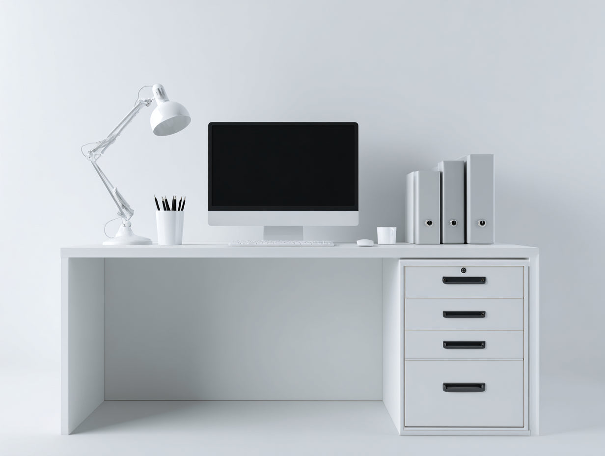 Mesas de oficina con 4 cajones 140x60x75 cm - blanco y negro - diseño moderno con almacenamiento