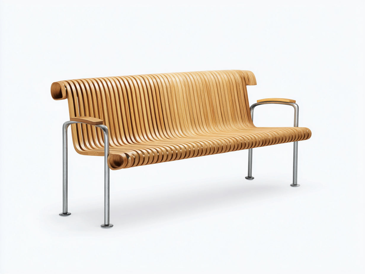 Bancos de jardín de madera laminada y acero 180 x 68 x 86 cm - madera natural y plata - para jardín y terraza - asiento curvo de listones y diseño moderno