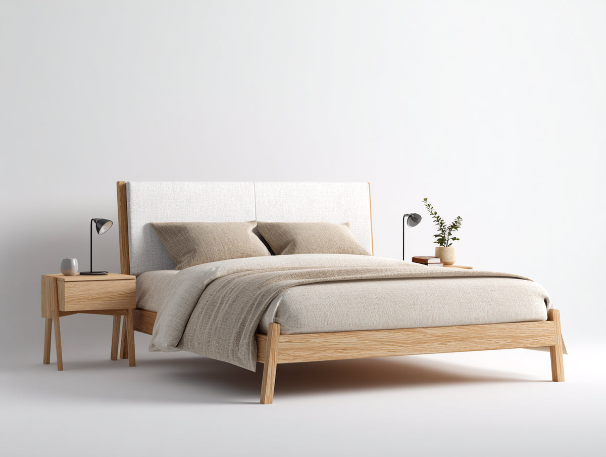 Cama doble 220x180x105 cm madera maciza y tela tapizada color beige para dormitorio estilo nórdico